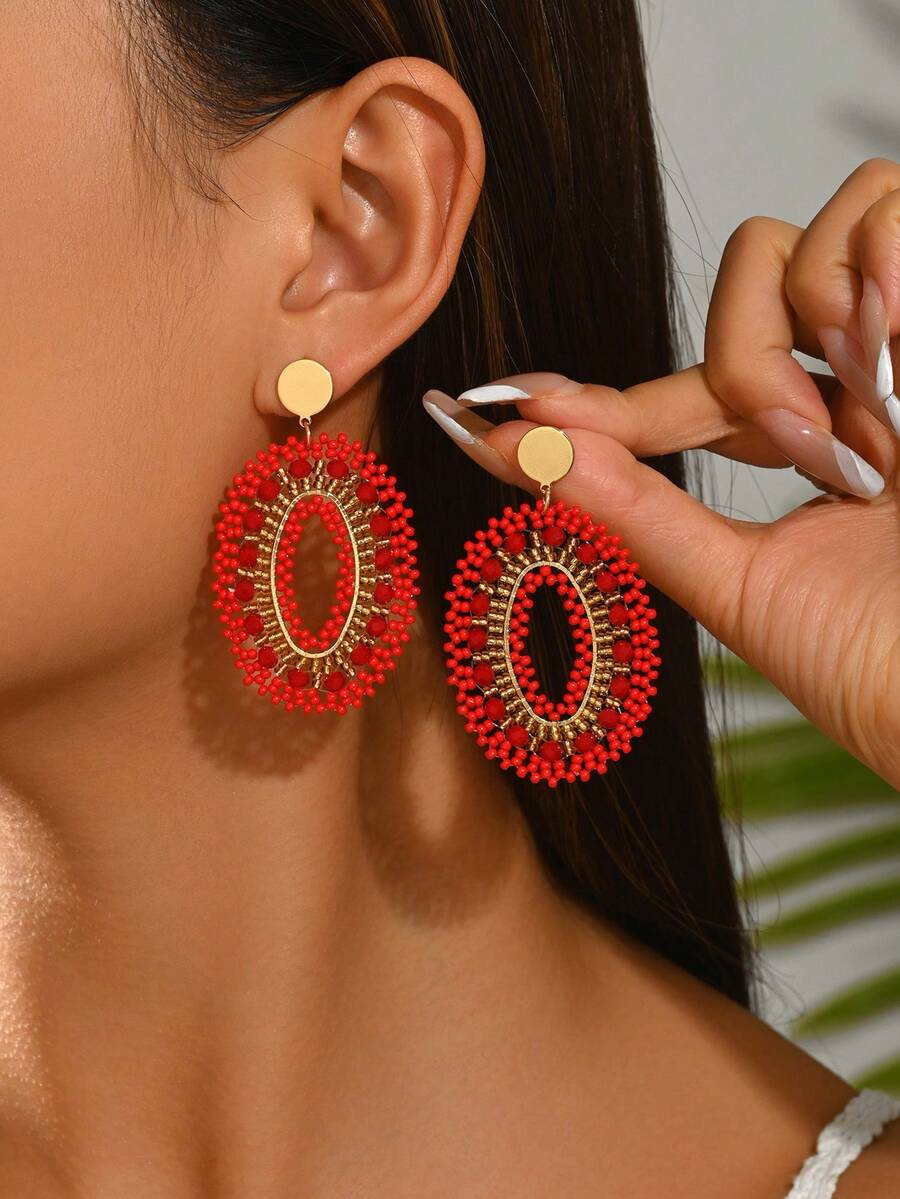 1 Pair Fashion Retro Personalized Handmade Beaded Hollow Red Geometric Oval Earrings, Premium Design Geometric Oval Circle Handmade Woven Earrings Suitable For Women's Daily, Vacation, Party Wear (Purely Handmade Woven Seed Beads Color Position Random) - Red - View 1
