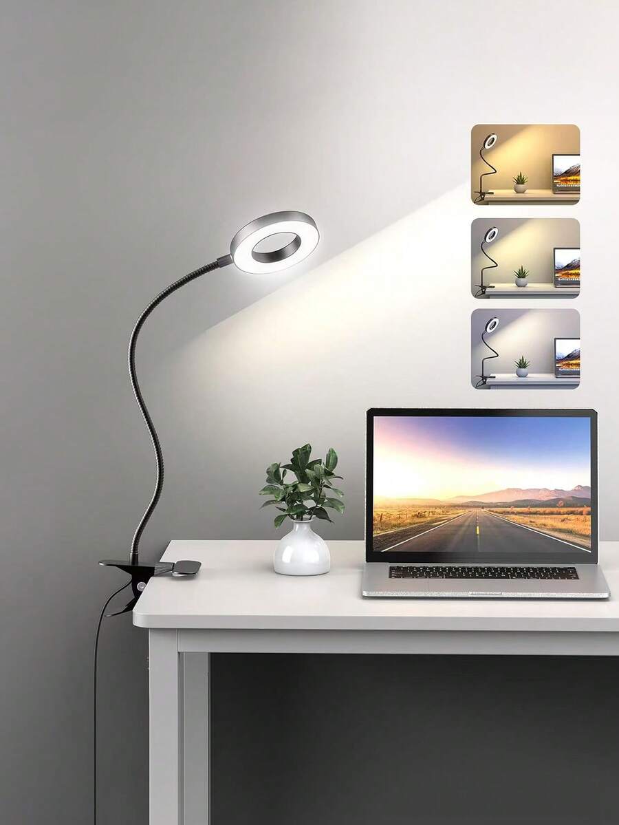 Guanova 1件 LED 桌燈，3色溫可選，黑/白色可選，USB供電，亮度可調，360°鵝頸設計，USB桌面夾燈，適用於視訊會議、閱讀、學習、工作照明、植物燈、美甲燈、化妝燈、家居裝飾、室內、宿舍、辦公室等場所