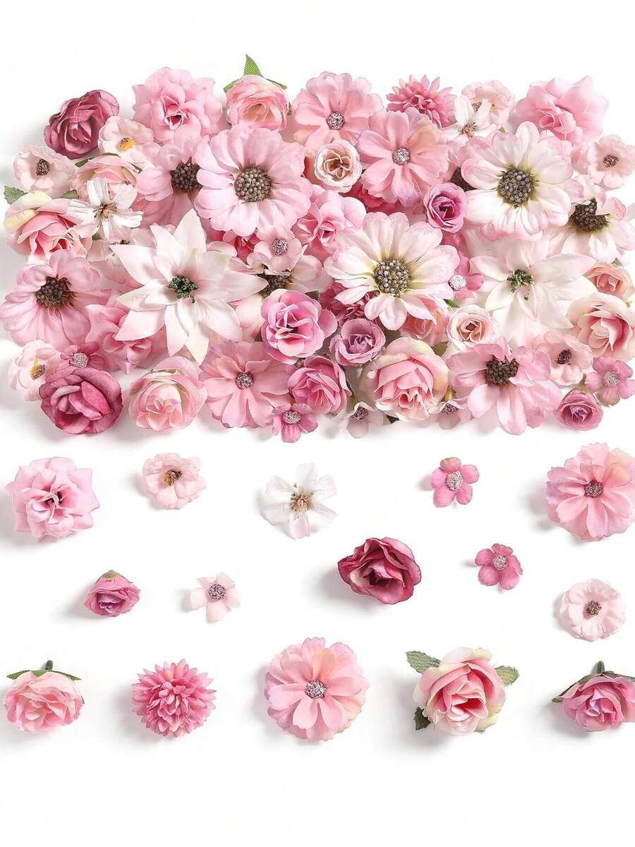 50/100pcs Mixed Color Artificial Flower Heads, 0.98-2.75 Inches, Spring/Summer DIY Flower Heads Including Roses, Daisies And Peonies, Suitable For Wedding Decor, Hair Accessories, Home, Party And Tabletop Centerpiece Decoration, All Season - Rose Red - View 1