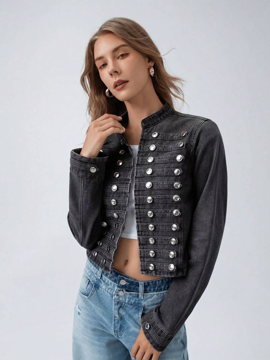 HZXVIC 女款新款復古設計立領翻領街頭風金屬鈕扣短版時尚牛仔夾克休閒外套