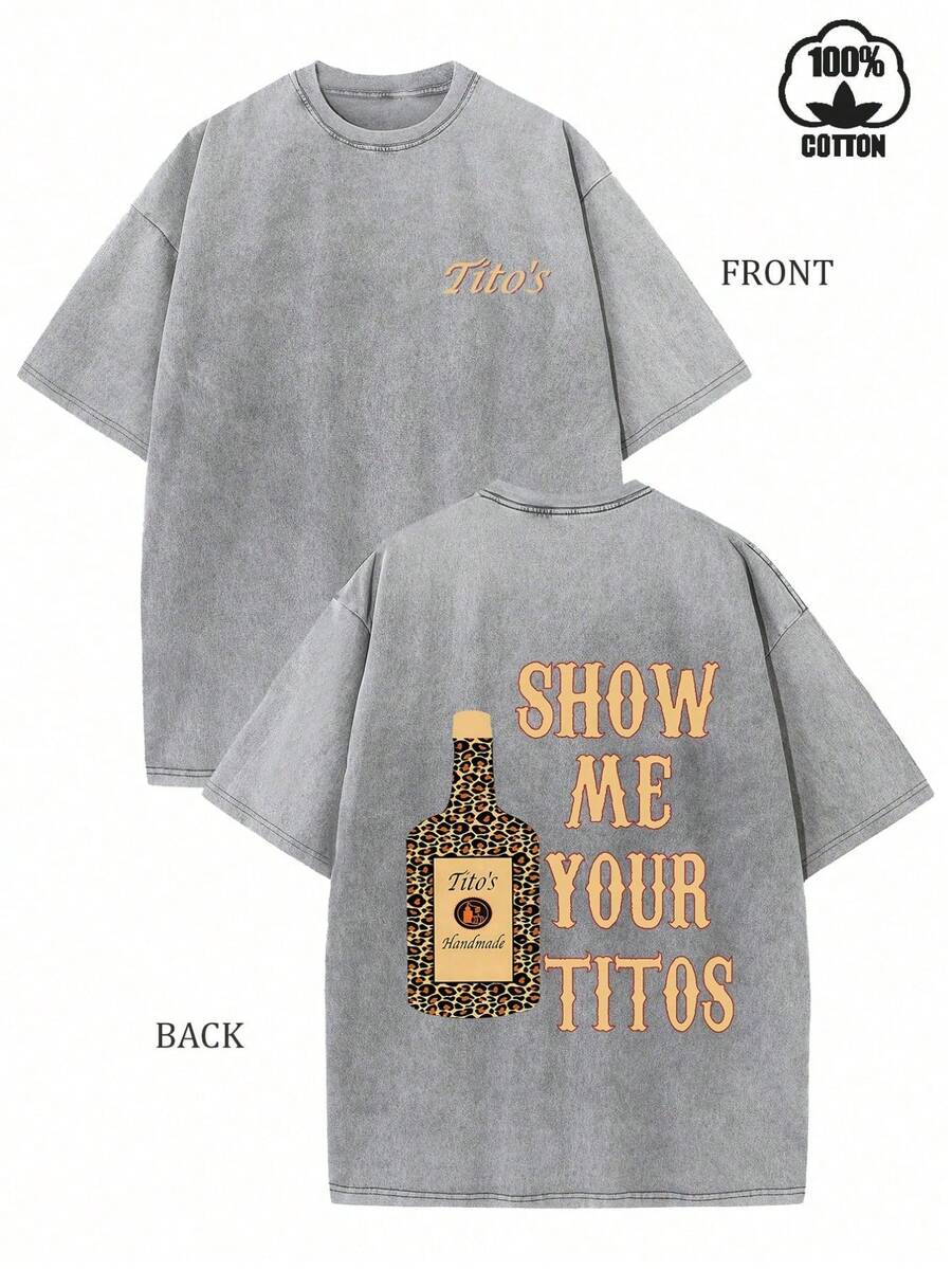 Matching Couple Outfits Vodka Show Me Your Titos Leopard Print Graphic Washed Cotton T-Shirt, Summer Tops, Summer Shirts, Men's Beachwear, For - size - 查看 1