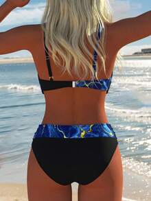 Women's Sexy Bikini Set, Spaghetti Strap Top With Black Abstract Marble Print Bottom, New Holiday Summer Beach Vacation Outfit - Multicolor - View 3