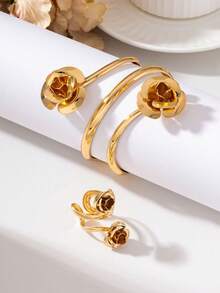 1 Set Metallic Shiny Flower Bracelet And Ring (1pc Geometric Line Gold Bracelet & 1pc Geometric Line Ring) - Yellow Gold - View 5