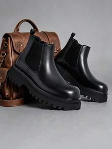 Herren Chelsea Boots im britischen Vintage-Motorradstil, lässige High-Top Leder-Slip-On Stiefel mit hohem Schaft, höhenvergrößernde Tube Boots für Friseure, Lederschuhe - Schwarz - Übersicht 4