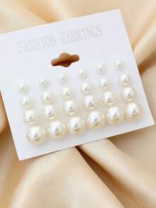12 Pairs Ins Influencer Style Mixed Size Pearl Stud Earrings, Minimalist Cold Style Versatile All-Match Jewelry Set For Girls And Women - Beige - View 2