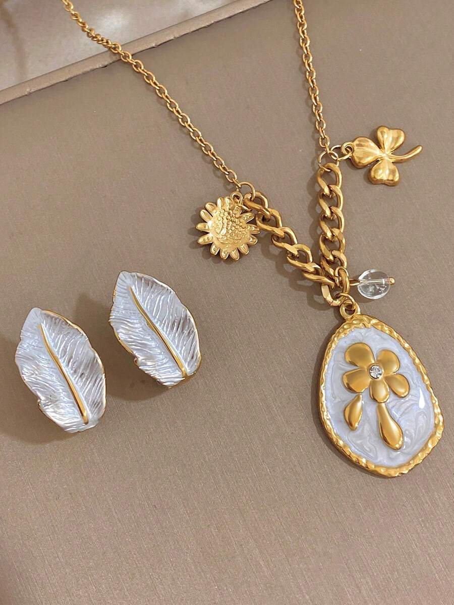 1件/套 優雅多飾花朵三葉草項鍊與耳環套組，女款，不鏽鋼，適合日常/波希米亞風/派對/婚禮，媽媽禮物，情人節生日 - 彩色 - 查看 1