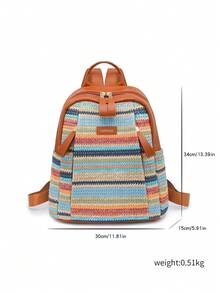 Fashionable Rainbow-Striped Woven Straw And PU Patchwork Backpack: A Casual, Vacation-Style, Large-Capacity Straw Backpack Perfect For Beach Vacations - Multicolor - View 12