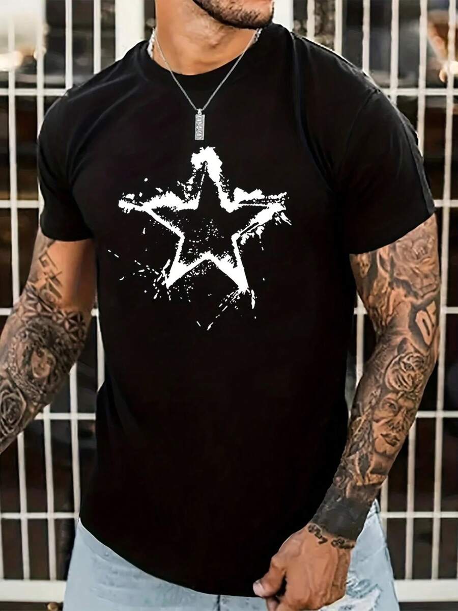 Mens Fashion Star Print T-Shirt - Soft Crew Neck, Lightweight Short Sleeves, Ultra-Comfortable & Breathable - Perfect Summer Top Tee For Adult, Men, Women, Teen, Teenager, Adolescent, Youth - Black - View 1