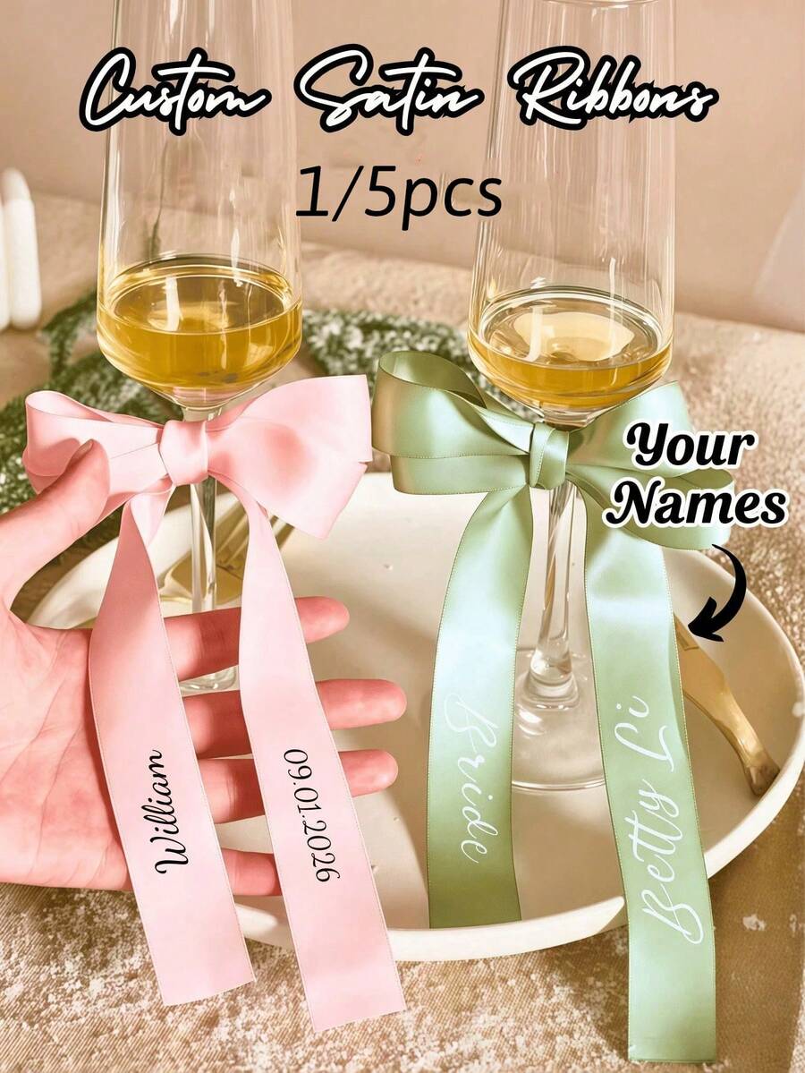1/5PCS Customized Ribbon Wine Glass Ribbon, Party Champagne Glass Ribbon, Personalized Ribbon Name Tag, Drink Name Tag Card, Ribbon Tableware Placement, Personalized Name Ribbon, Glassware Accessories, Wedding Name Card, Bridal Shower Gift, Bachelorette Party Name Tag, Drink Label, Bow - Multicolor - View 1