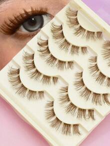 5 Pairs Brown Fluffy Thin False Eyelashes, Natural Voluminous Brown Lashes, Soft Lightweight Comfortable Stem Lashes, Reusable Natural Look Brown Eyelashes, Suitable For Daily And Party Makeup - 棕色 - 查看 1