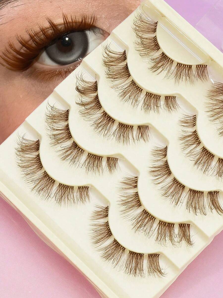 5 Pairs Brown Fluffy Thin False Eyelashes, Natural Voluminous Brown Lashes, Soft Lightweight Comfortable Stem Lashes, Reusable Natural Look Brown Eyelashes, Suitable For Daily And Party Makeup - 棕色 - 查看 1