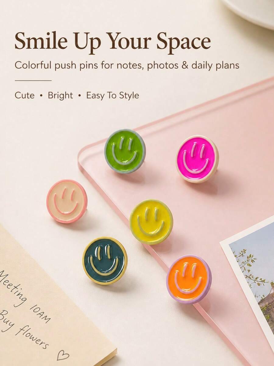 1 Set 2/6pcs (With Storage Box) Cute Colorful Smiling Face Decorative Push Pins, Round Head Thumbtacks, Suitable For Cork Board, Photos, Notes, Bulletin Board, Office, School And Home Decor, Back To School Essential - Sets - View 1
