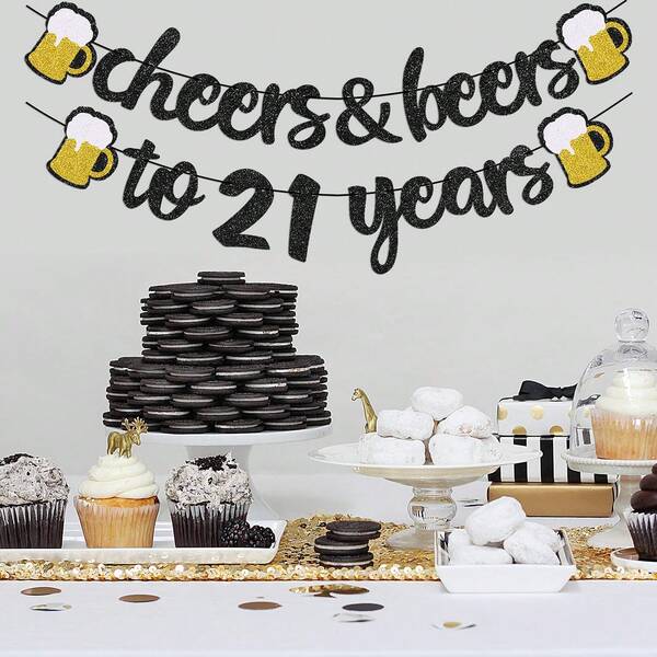 1 bộ băng rôn sinh nhật bằng giấy - Băng rôn sinh nhật Cheers & Beer, trang trí sinh nhật lấp lánh, unisex - Phụ kiện tiệc (Đen & Vàng) Trang trí băng rôn tiệc