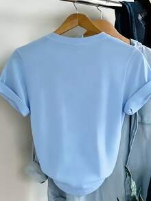 2026 New Spring/Summer Elegant Floral Watercolor Print Short Sleeve T-Shirt, Casual Crew Neck, Suitable For Spring And Summer, Perfect Gift For Daughter, Sister, Birthday, Best Friend, Mom, Family - Blue - View 2