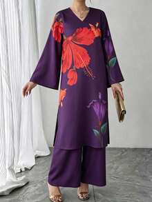2pcs Women's Set, Purple Placement Print Crafted V-Neck Pullover Top + Elastic Waist Skirt, Elegant Luxury Arabic Style Outfit Fall - Purple - View 3