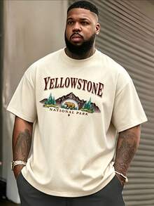 Plus Size Men's National Park Bear Graphic Round Neck Casual Retro T-Shirt - Apricot - View 1