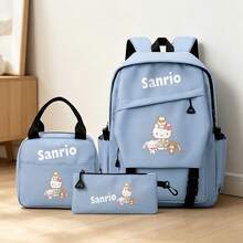 Miniso Ensemble de 3 pièces de sac à dos Sanrio Hello chat, sac à dos scolaire décontracté imprimé avec amis, combiné avec sac fourre-tout & trousse à crayons pour étudiants - Bleu azur - Voir 2