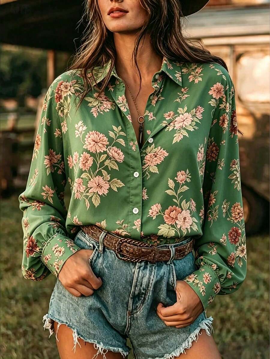 Blusa casual de manga larga con estampado floral diminuto, estilo occidental, elegante y versátil, nueva llegada de primavera temprana 2026 para vacaciones - Verde - Ver 1
