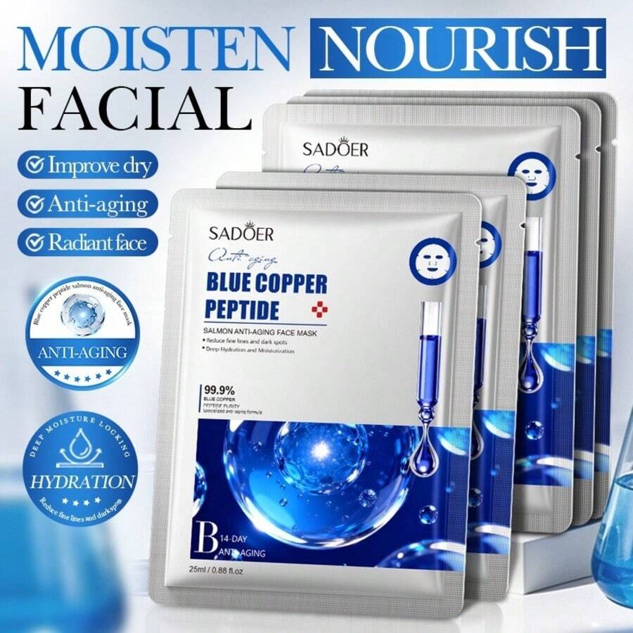 SADOER Blue Copper Peptide Anti-Aging Facial Mask, 5 Packs/Bag, Reduces Fine Lines, Anti-Wrinkle & Anti-Aging, High Moisturizing Hydration, Skin Radiance & Plumping - Blue Copper Peptide - View 1