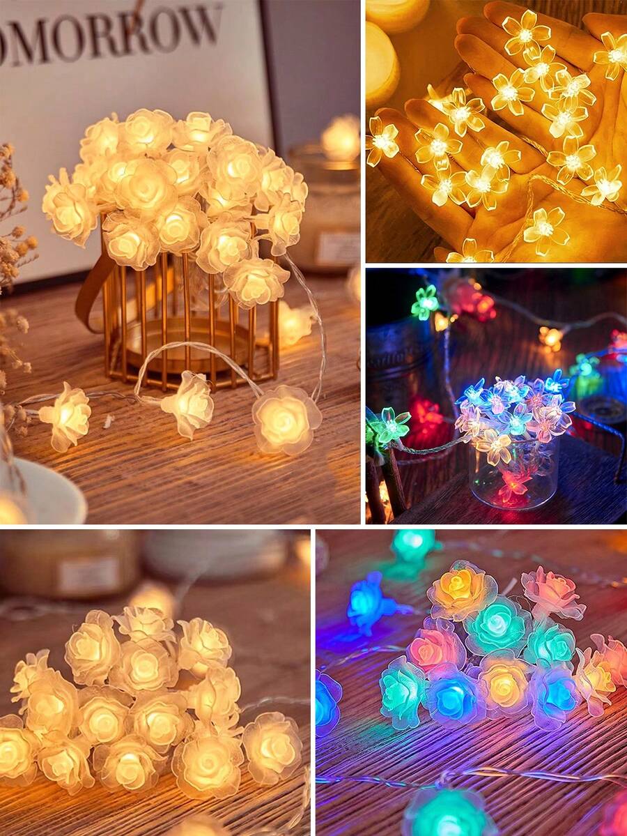 1pc 3 Meters 20LED Room Decoration LED String Lights, Battery Powered Fairy Lights, Rose And Cherry Blossom Shaped Lights, Home Birthday Wedding Independence Day Decor – Bedroom Office Graduation Ceremony Romantic Atmosphere Decoration, LED Lights