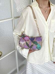 Mini Minimalist Chain Strap Solid Color Floral Pattern Shoulder Bag (Floral Position Randomly Varies) - Purple - View 4