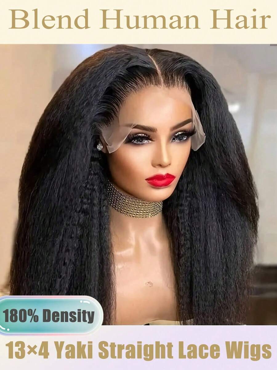 13x4 Transparent Lace Front Kinky Straight Wig For Women 8-36 Inch 180% Density Blend Human Hair Pre Plucked With Baby Hair Natural Color Lace Front Kinky Straight Wigs Yaki Straight Ear-To-Ear Length For Comfortable Natural Look(Bob Wigs 8-16inch)