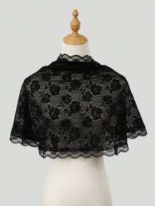 1件女款玫瑰刺繡半圓形披肩，一件式半圓形花卉刺繡披肩配波浪蕾絲邊，洋裝外搭披肩，適合日常通勤，四季皆宜 - 彩色 - 查看 11