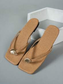 Summer Beach Vacation Style Metal Shell Decor Flip Flops, Square Toe Brown Tone Flat Casual Slides - Brown - View 5