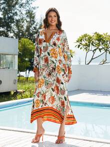 Plus Size Floral Print V Neck Batwing Sleeve Kaftan Dress Loose Flowy Maxi Beach Cover Up For Summer Wedding Vacation Party Lounge Wear - Orange - View 6