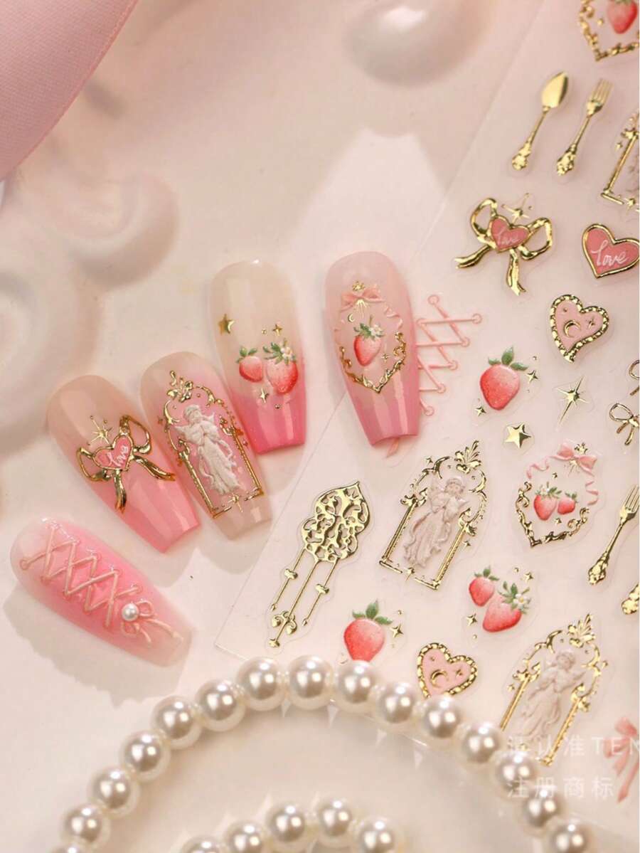 5D Embossed Summer Strawberry Coquette Nail Stickers, Gold Foil Angel Frame & Heart Bow Self-Adhesive Nail Decals, Victorian Sweet Aesthetic DIY Manicure Decoration For Home Salon Nail Art & Press On Nails Accessories 1 Sheet