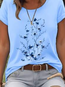 2026 New Spring/Summer Elegant Floral Watercolor Print Short Sleeve T-Shirt, Casual Crew Neck, Suitable For Spring And Summer, Perfect Gift For Daughter, Sister, Birthday, Best Friend, Mom, Family - Blue - View 1