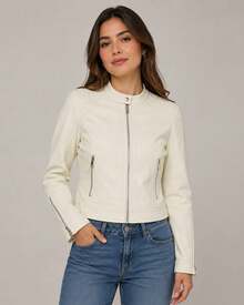 Women's Faux Leather Jacket With Zipper On The Sleeve And Buttoned Collar - 離開 - 查看 1