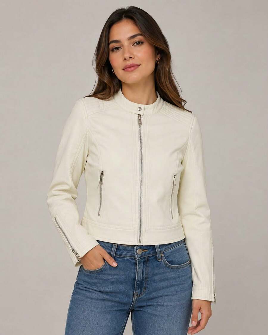 Women's Faux Leather Jacket With Zipper On The Sleeve And Buttoned Collar - 離開 - 查看 1
