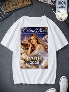 Women's Retro Graphic T-Shirt 100% Cotton Dion Paris 2026 Eiffel Tower White Flower Sequins Portrait Y2K Canadian Pop Diva Fan Merchandise World Tour Streetwear Discount - White - View 1
