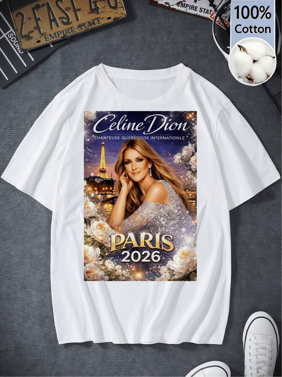 Women's Retro Graphic T-Shirt 100% Cotton Dion Paris 2026 Eiffel Tower White Flower Sequins Portrait Y2K Canadian Pop Diva Fan Merchandise World Tour Streetwear Discount - White - View 1
