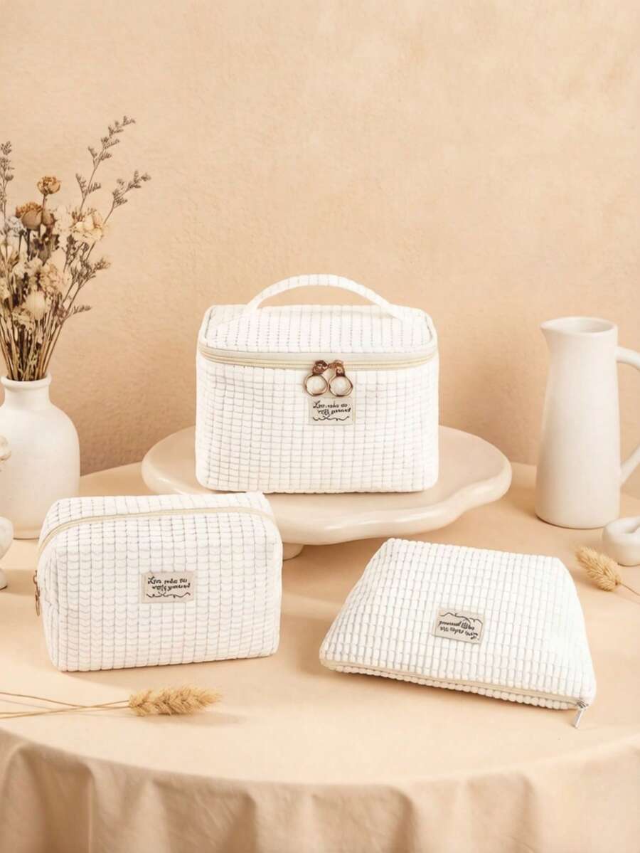 1 pieza/3 piezas Bolsa de maquillaje con diseño de gofre, bolsa de aseo de viaje para mujer, bolsa de almacenamiento de cosméticos de gran capacidad, bolsa de cuidado de la piel portátil, el amor hace que el mundo gire