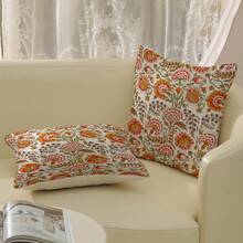 2PCS Bohemian Printed Square Pillowcase, Orange-Red Vintage Botanical Floral Cushion Cover, Suitable For Bohemian Farmhouse Cabin Home Decor, Single-Sided Without Pillow Insert - Burnt Orange - View 5