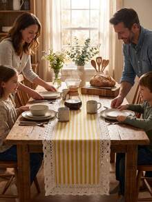 1 pièce Chemin de table style campagne américaine simple à bordure de lotus rayé, décoration de table de cuisine et de salle à manger, chemin de table pour table à thé, nappe multifonctionnelle rectangulaire pour table basse, meuble TV, entrée, convient pour les rassemblements de vacances, les fêtes d'anniversaire, les mariages, les dîners, les restaurants, le salon, tapis de table basse, décoration de maison, décoration de pièce, toutes saisons - Jaune citron - Voir 6