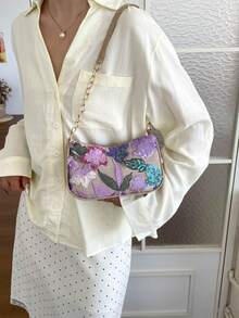 Mini Minimalist Chain Strap Solid Color Floral Pattern Shoulder Bag (Floral Position Randomly Varies) - Purple - View 6