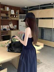 藏蓝色无袖吊带连衣裙，优雅法式风格，适合夏季女性 - 藏蓝色 - 查看 2