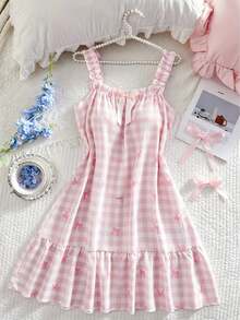 2 Pieces Women's Plaid Bow Print Sleep Set Sleeveless Ruffled Straps & Hem Lightweight Summer Casual Loungewear Comfort Nightdress - Multicolor - View 2