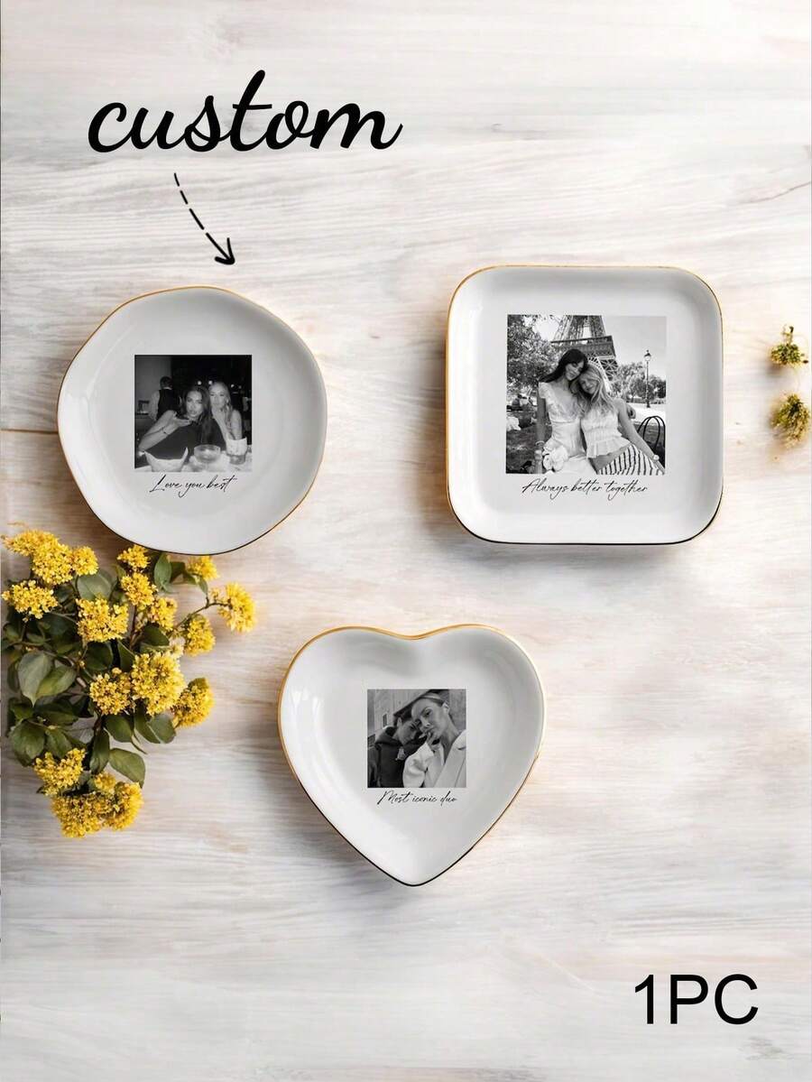 1 pieza Bandeja de joyería personalizada, plato de cerámica para anillos, plato de exhibición de joyería, bandeja de joyería con foto personalizada de mejor amigo, foto personalizable y texto personalizado, adecuado para exhibir anillos, collares y diversas joyas, exquisito y de moda, de alta calidad, regalo único para ella, él, hermana, mejor amigo o madre