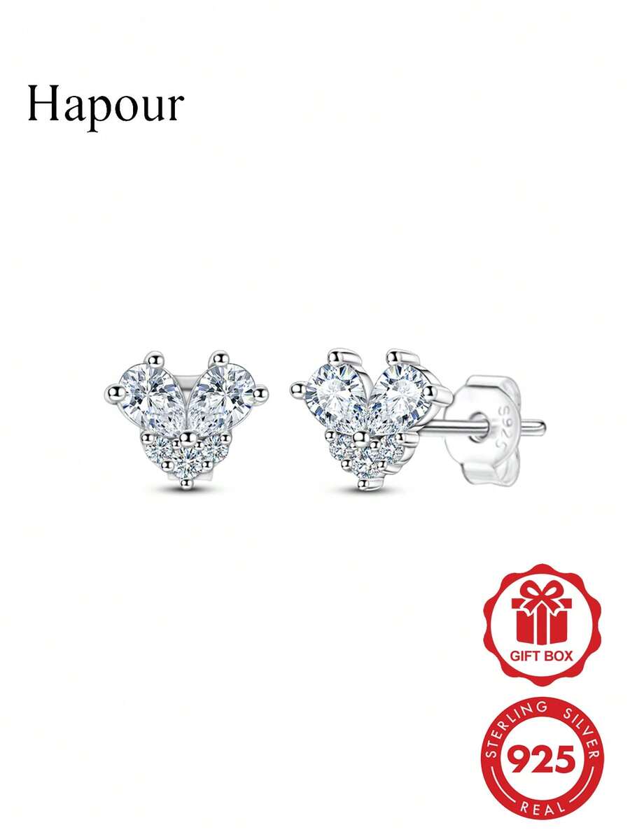 1 Pair Heart-Shaped Moissanite Stud Earrings 0.3ct*4pcs, 0.009ct*4pcs, 0.016ct*2pcs Original 925 Sterling Silver Minimalist Classic Design Suitable For Gift Wedding Evening Party - Silver - View 1