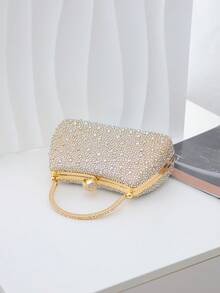 Women's Rhinestone Evening Clutch Bag, Top Handle Frame Clutch, Sparkling Rhinestone And Pearl Decorated Hard Shell Wallet, Luxury Style Suitable For Weddings, Proms - Gold - View 10