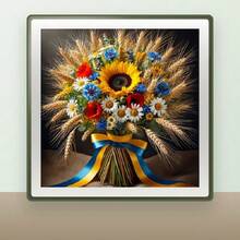1pc 5D Full Drill Diamond Painting Kit, Sunflower Daisy Poppy Wheat Bouquet With Blue And Yellow Ribbon Pattern, 30*30cm Frameless DIY Rhinestone Embroidery Wall Decor Handmade Gift, Suitable For Beginners - round diamond - View 4
