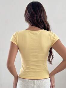 Women's Plus Size Slim Fit Knit Square Neck Short Sleeve Top, Medium Stretch, Cute And Stylish, Suitable For Daily Wear Summer - Yellow - View 4