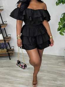 1pc Solid Color Ruffle/Frill Twist Multi-Layered Off-Shoulder Jumpsuit Summer Black - Black - View 12