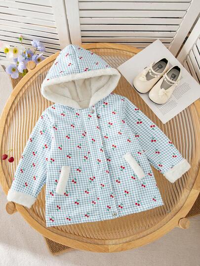 Young Girl Casual Fashion Plaid & Cherry Print Hooded Thermal Lined Jacket With Pockets And Lambswool Trim, Autumn/Winter