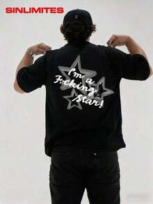 camiseta de algodón para hombre, inspirada en la estética Y2K, presenta un estampado con la frase "I'm a Shining Star". Hecho de algodón suave y cómodo, presenta una silueta holgada estilo - Negro - Ver 7