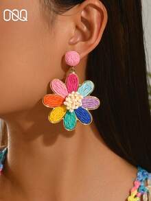 OOQ 1 Pair Summer Vacation Style Handmade Raffia Flower Earrings, Minimalist Design, Feminine Aesthetic, Vibrant Colors Suitable For Beach Party, Valentine's Day, Mother's Day, Back To School Gifts (Handwoven Technique Varies, Handmade May Have Slight Glue Residue) - Pink - View 3